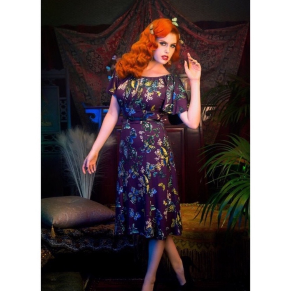 FLAWED Pinup Couture Butterfly midi dress with flutter sleeves, keyhole bust